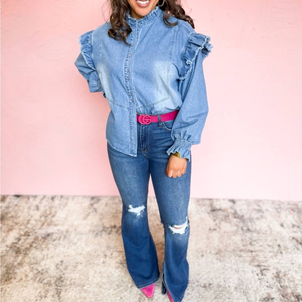ANAHI SHOULDER RUFFLE DETAILED DENIM SHIRT